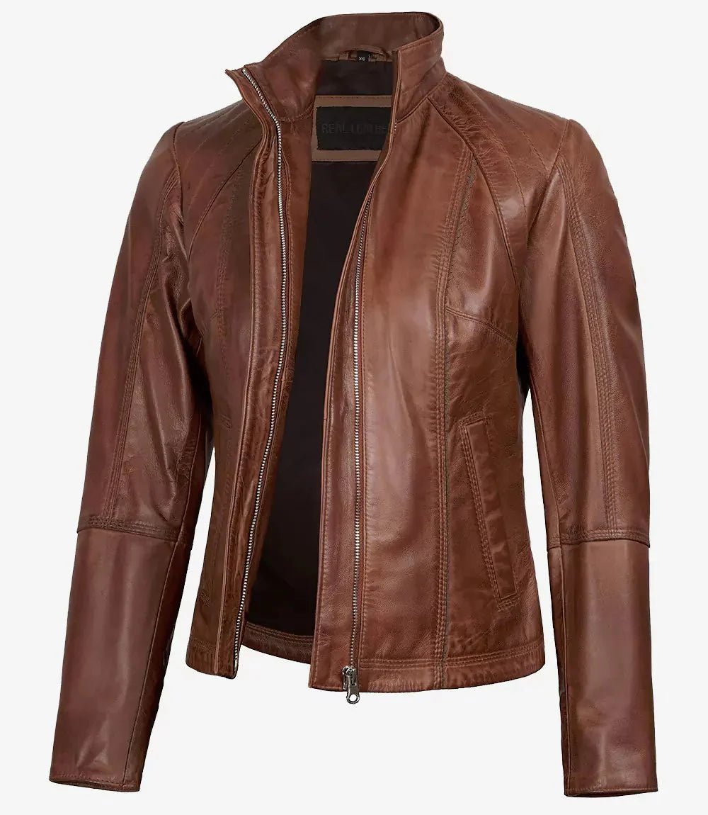 Acerra Womens Cognac Brown Biker Real Leather Jacket - Vox Leather