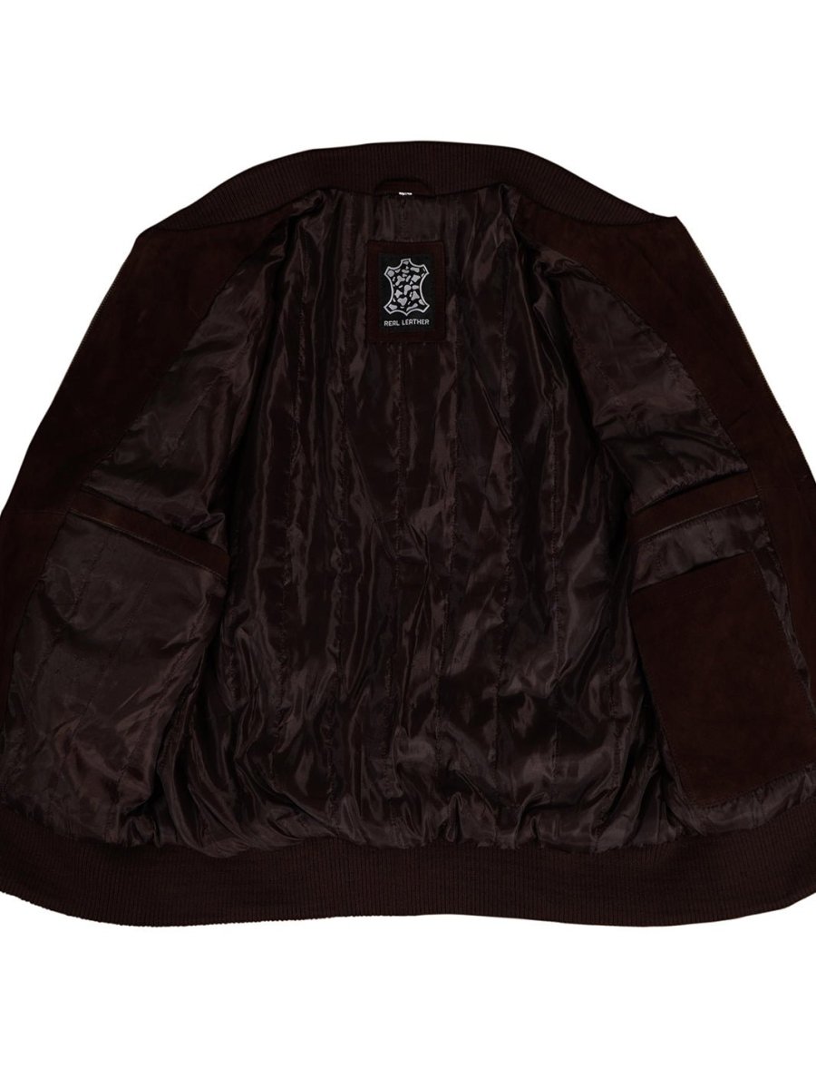Adamsville Mens Dark Brown Suede Bomber Jacket - Vox Leather