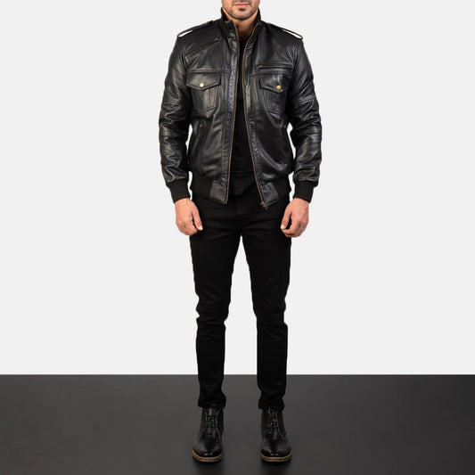Agent Shadow Black Leather Bomber Jacket - Vox Leather