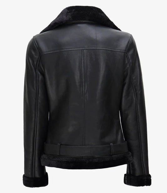 Agnes Womens Black Asymmetrical Leather Shearling Jacket - Vox Leather