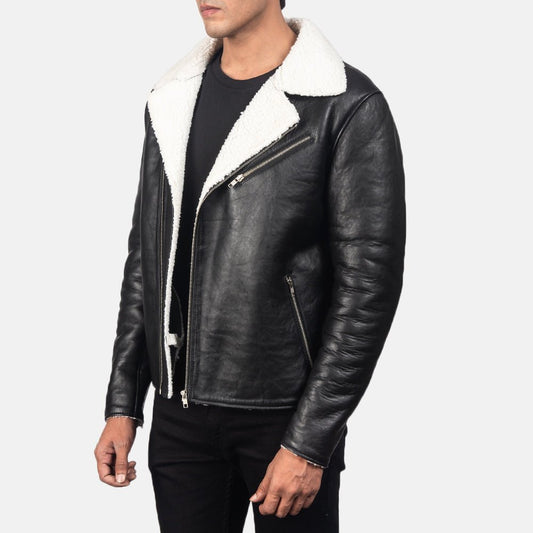 Alberto White Shearling Black Leather Jacket - Vox Leather