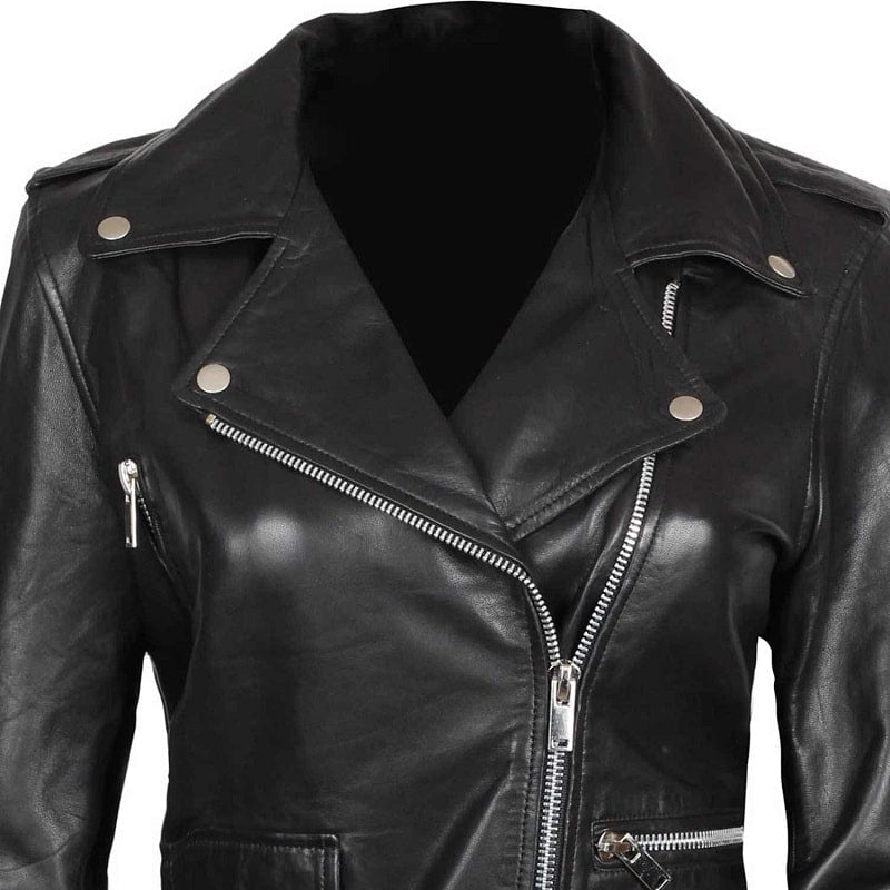 Amber Womens Asymmetrical Black Biker Leather Jacket - Vox Leather
