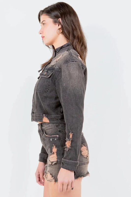 American Bazi Full Size Distressed Star Stud Trim Denim Rider Jacket Plus Size - Vox Leather