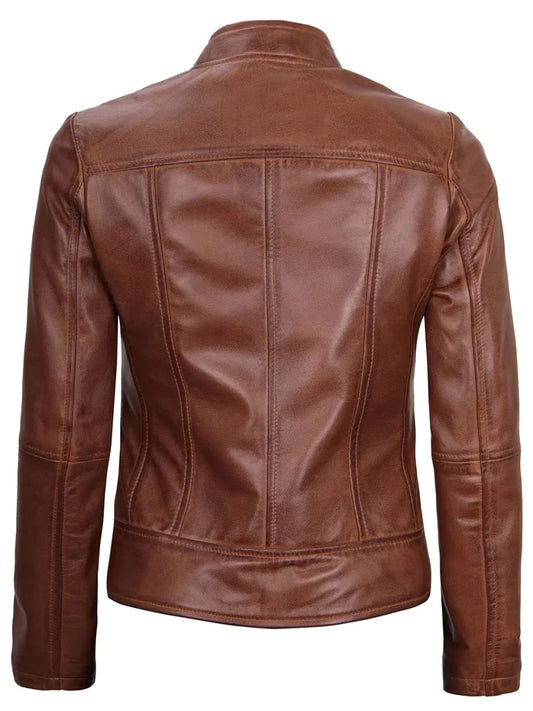 Amy Women Cognac Brown Cafe Racer Leather Jacket - Vox Leather