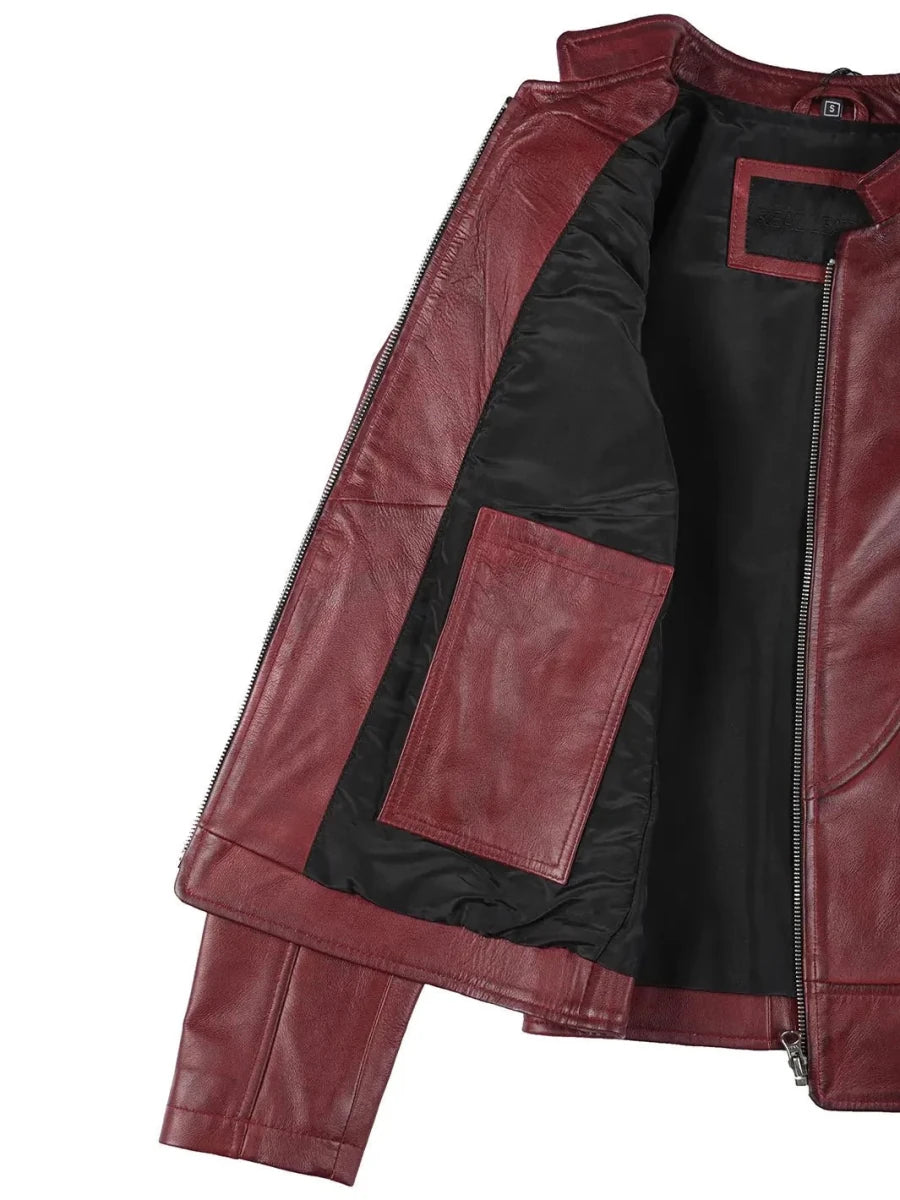 Amy Womens Burgundy Cafe Racer Leather Jacket - Vox Leather