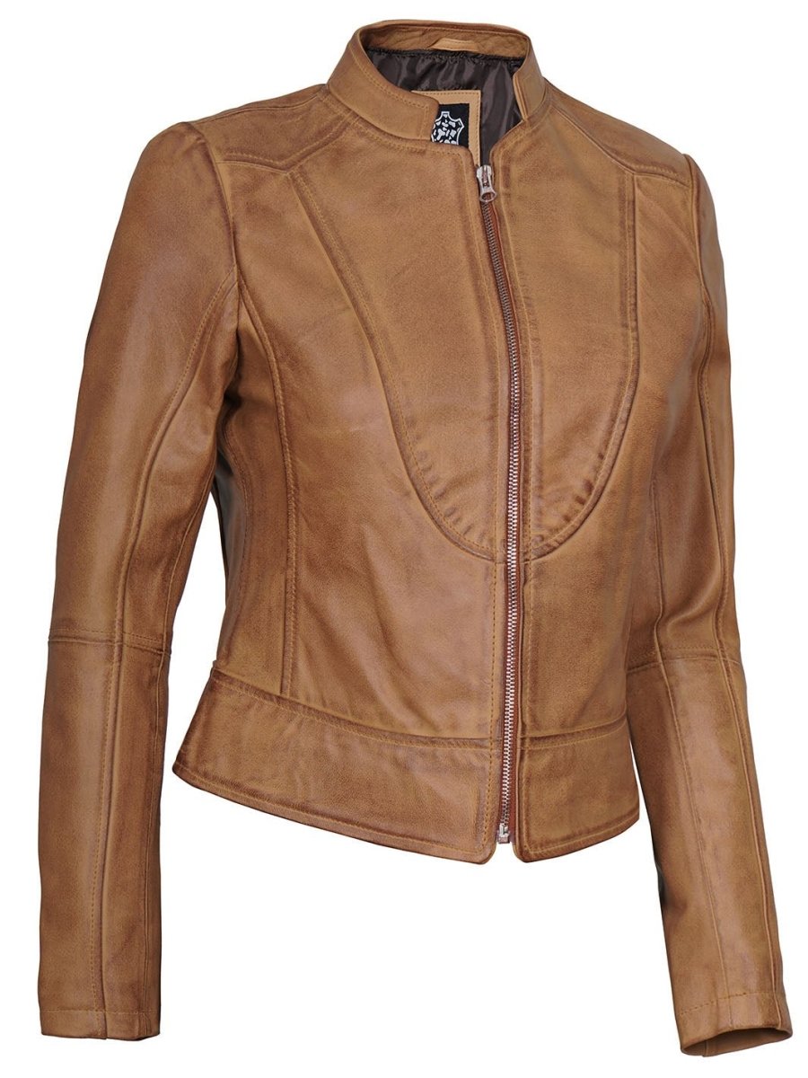 Amy Womens Camel Leather Moto Jacket - Vox Leather