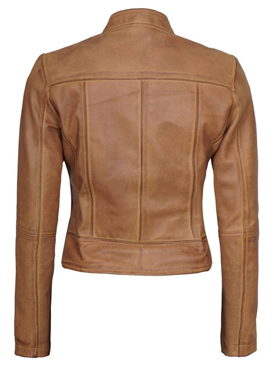 Amy Womens Camel Leather Moto Jacket - Vox Leather