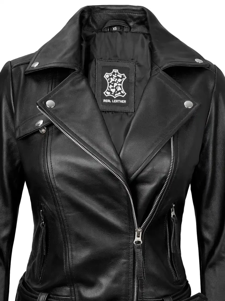 Angela Womens Black Asymmetrical Belted Leather Jacket - Vox Leather