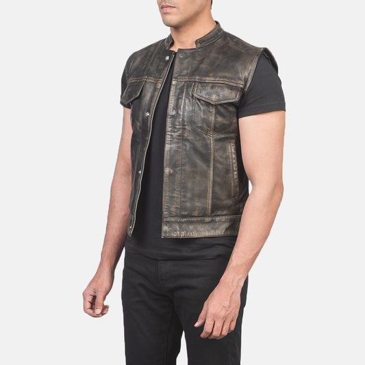 Atlas Moto Distressed Brown Leather Vest - Vox Leather