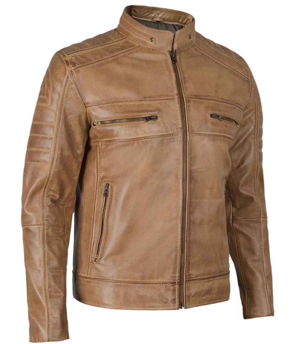 Austin Mens Distressed Tan Brown Cafe Racer Real Leather Jacket - Vox Leather