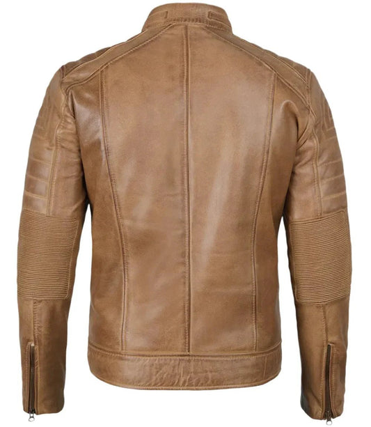 Austin Mens Distressed Tan Brown Cafe Racer Real Leather Jacket - Vox Leather