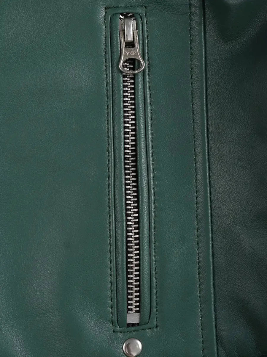 Austin Women Cafe Racer Green Leather Jacket - Vox Leather