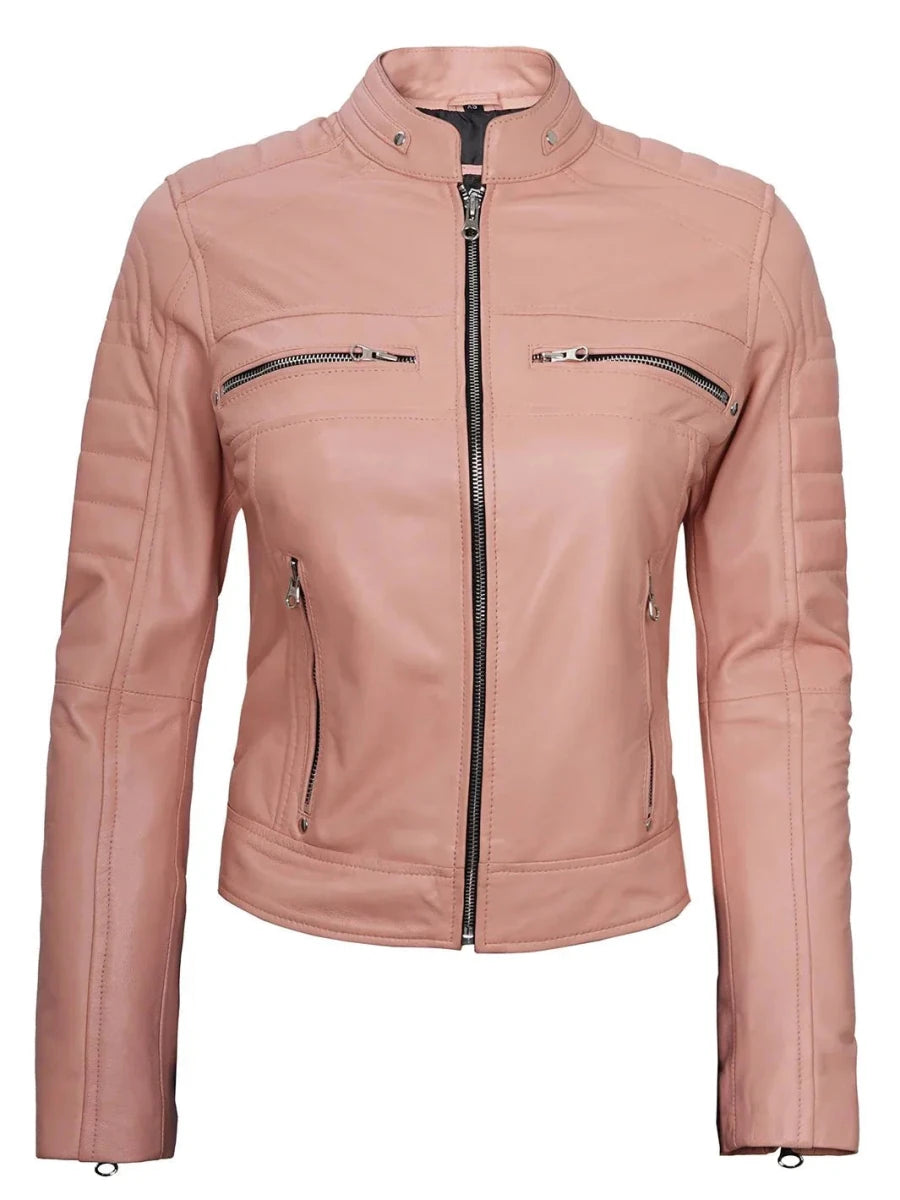 Austin Womens Pink Cafe Racer Leather Jacket - Vox Leather