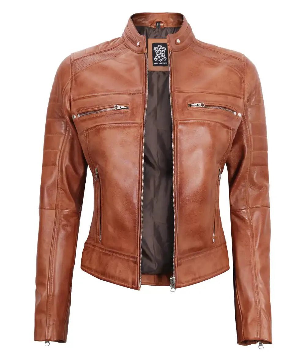 Austin Womens Tan Brown Biker Leather Jacket - Vox Leather