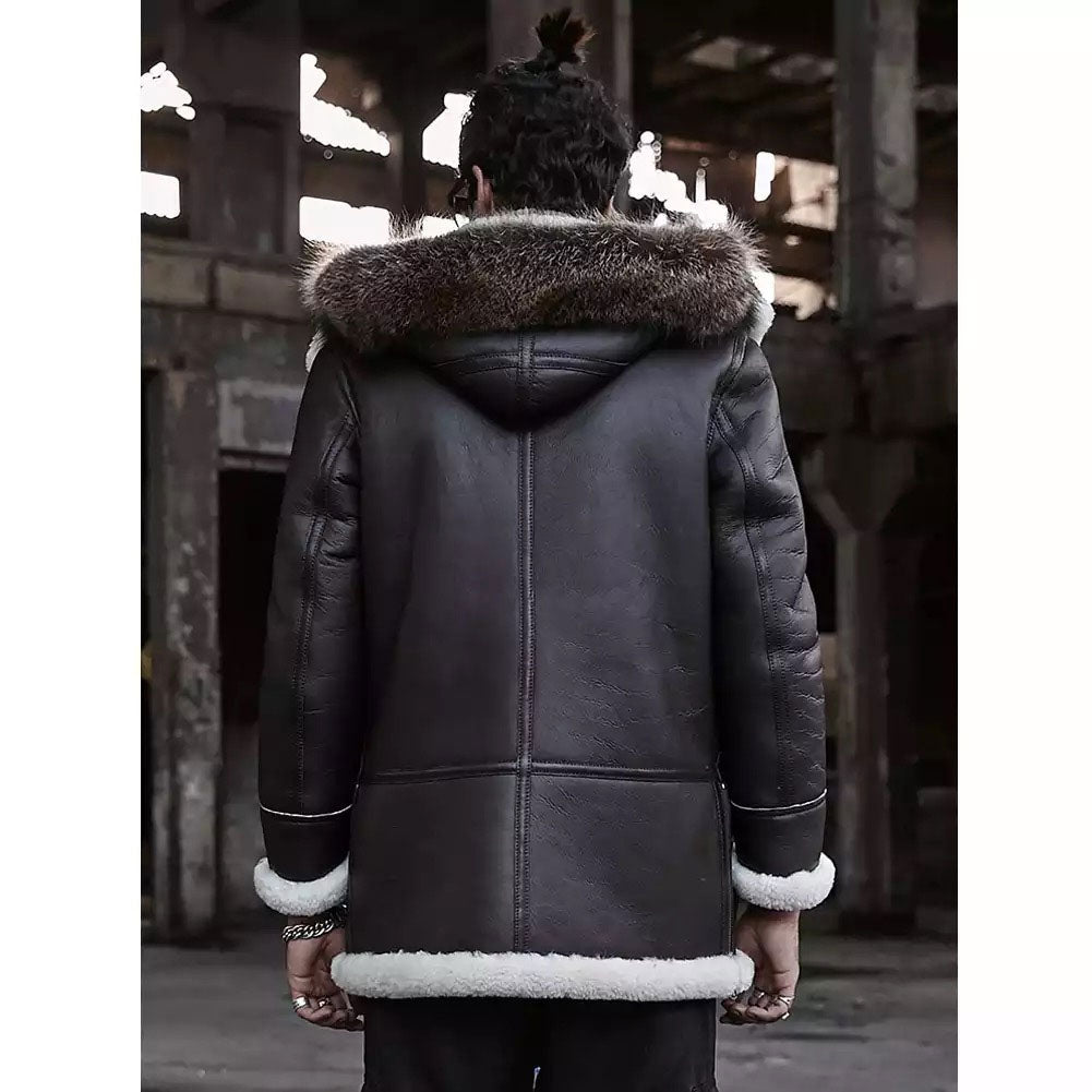 B3 Bomber Jacket Hooded Leather Jacket Shearling Coat Mens Brown - Vox Leather