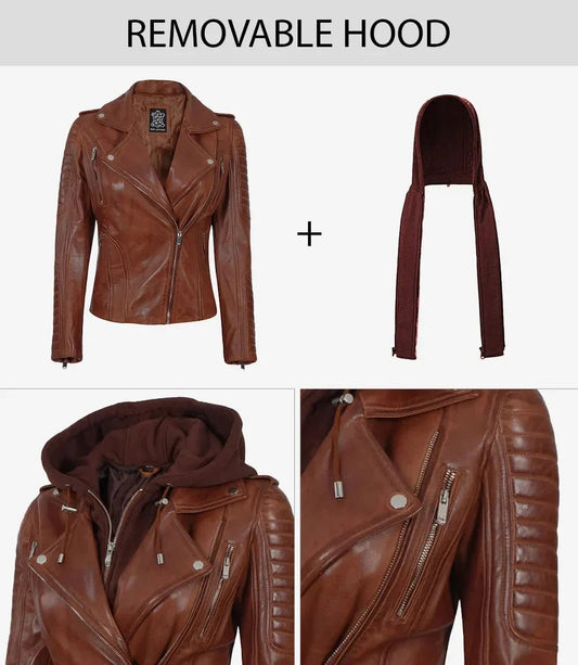 Bagheria Womens Cognac Biker Leather Jacket With Removable Hood - Vox Leather
