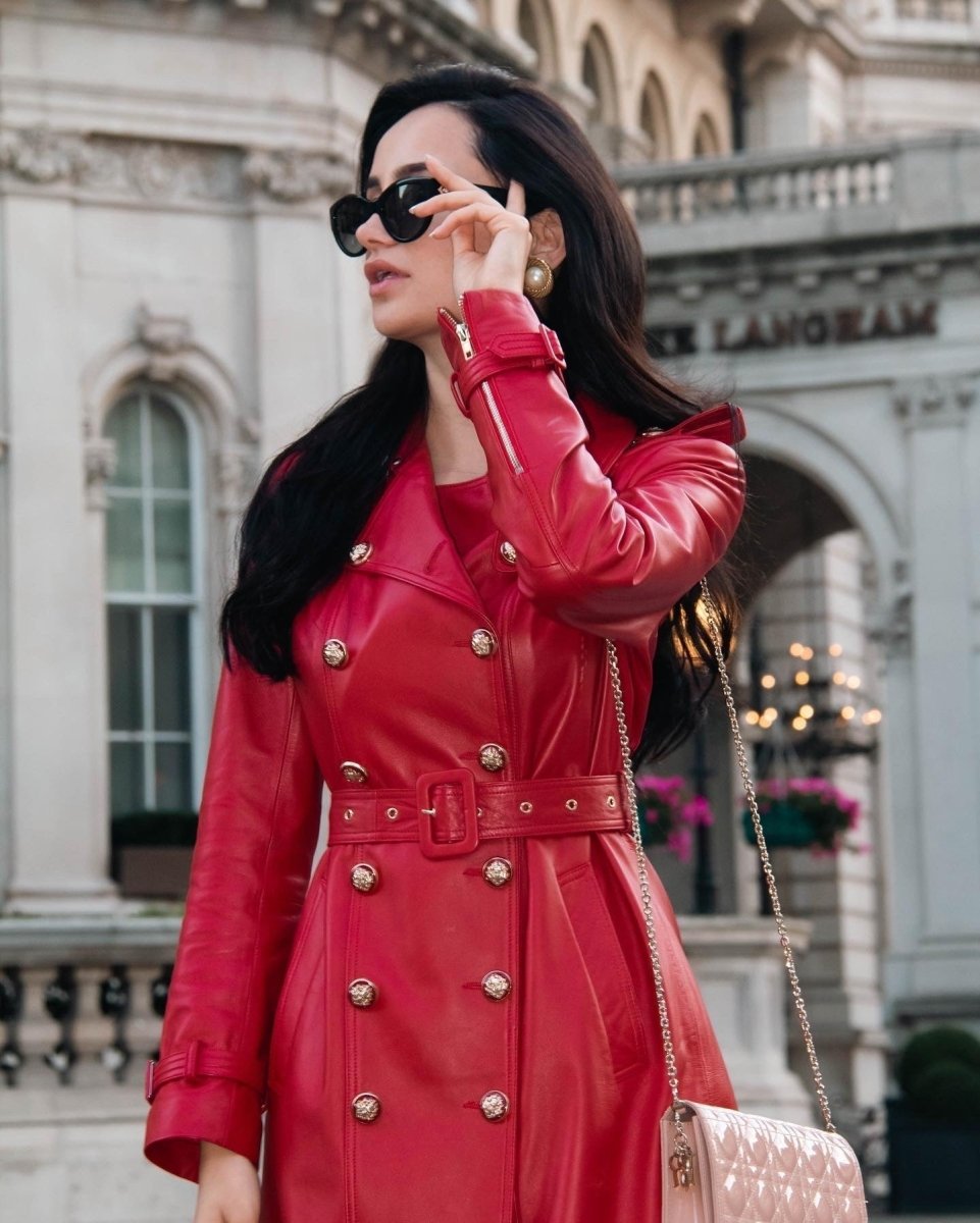'Belle Du Jour' Leather Trench Coat in Rosso - Vox Leather