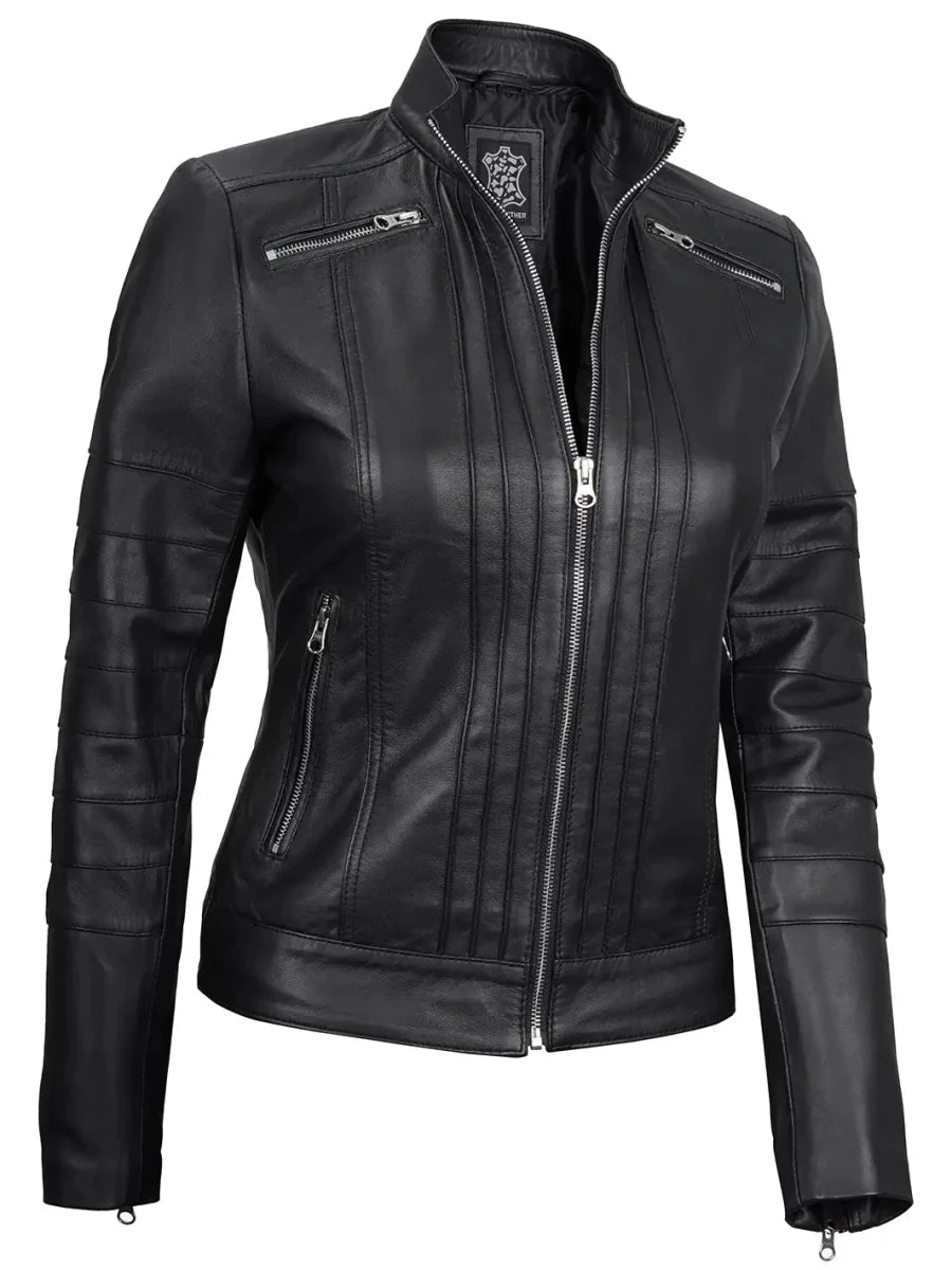 Bergamo Womens Black Real Leather Cafe Racer Jacket - Vox Leather