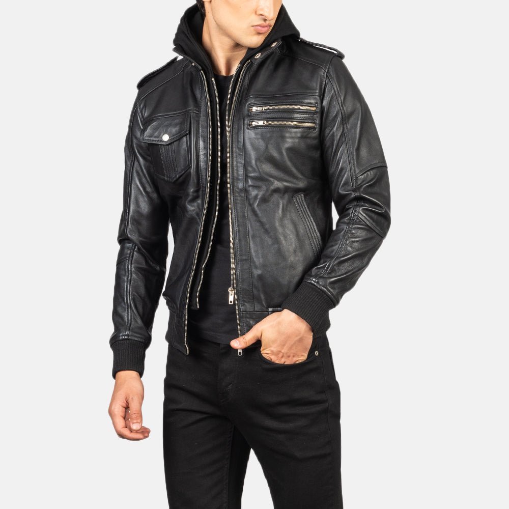 Bravado Black Hooded Leather Bomber Jacket - Vox Leather