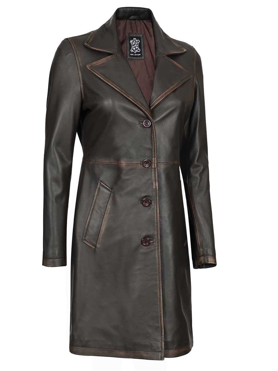 Bryson Women's Rub Off Dark Brown Leather Long 3/4 Coat - Rare Leather