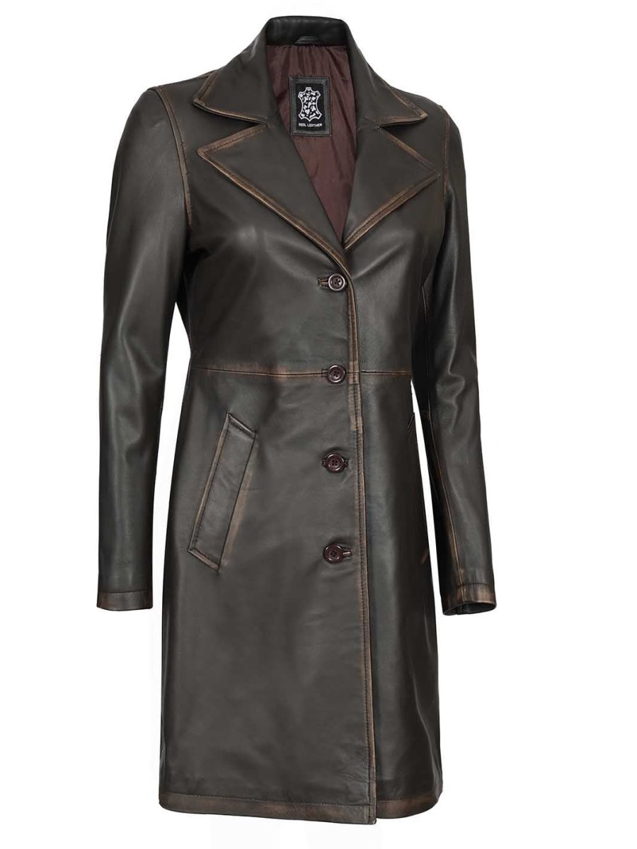 Bryson Women's Rub Off Dark Brown Leather Long 3/4 Coat - Vox Leather