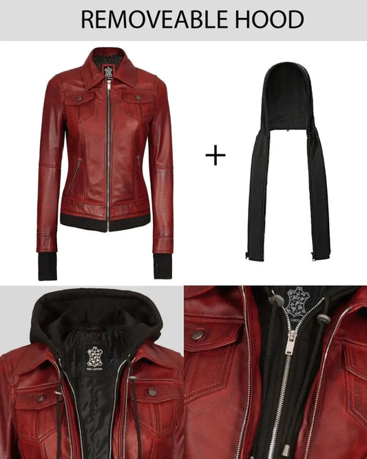 Burgundy Womens Leather Bomber Jacket with Hood - Vox Leather