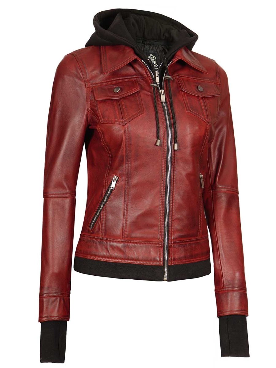 Burgundy Womens Leather Bomber Jacket with Hood - Vox Leather