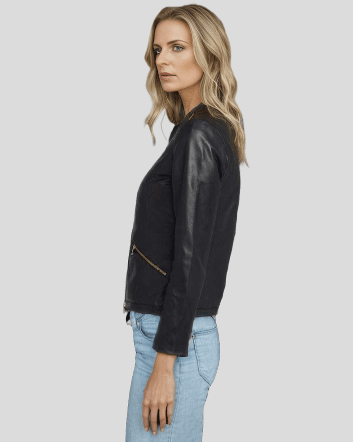 Chic Noir Crew Neck Black Racer Leather Jacket - Vox Leather