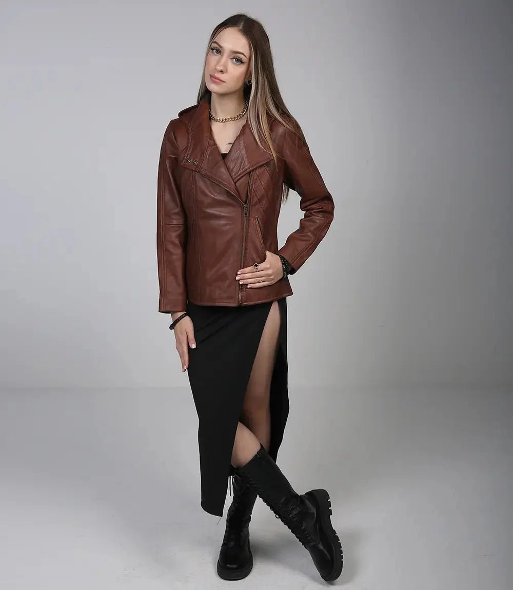 Cidra Women Asymmetrical Brown Hooded Leather Jacket - Vox Leather