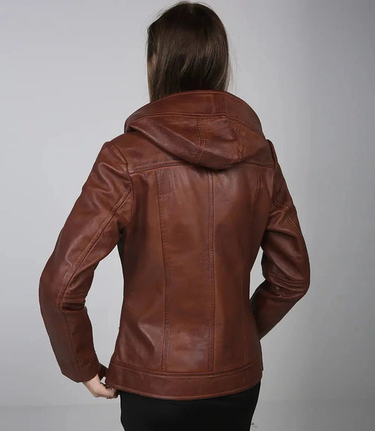Cidra Women Asymmetrical Brown Hooded Leather Jacket - Vox Leather