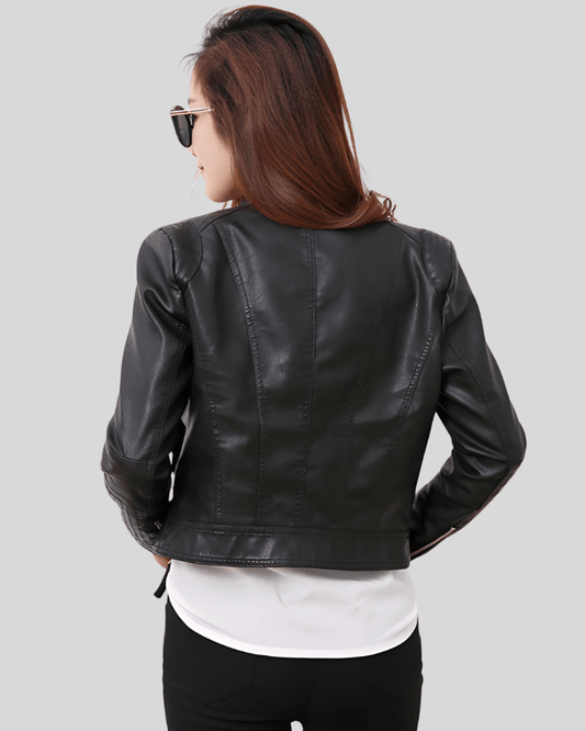City Sleek Women's Fitted Black Leather Jacket with Textured Sleeves - Rare Leather