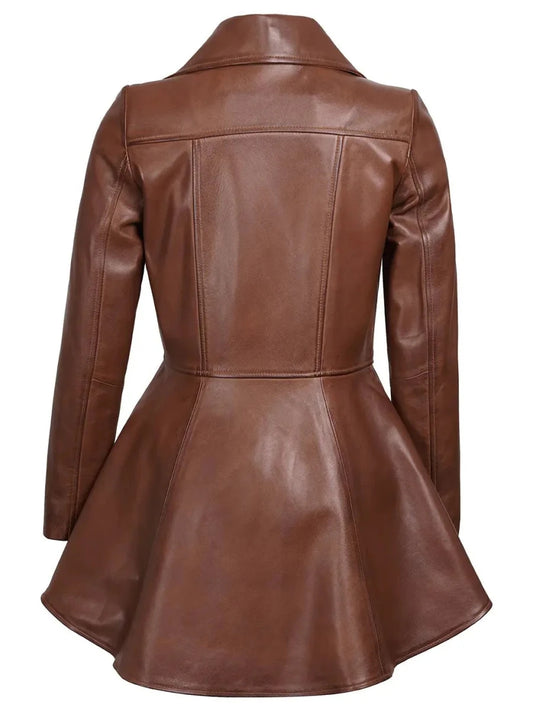 Clarissa Womens Cognac Brown Peplum Leather Jacket - Vox Leather