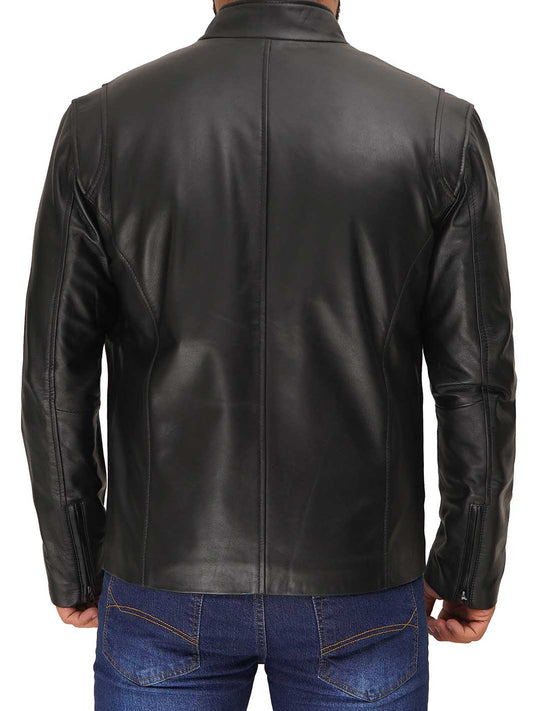 Clinton Men's Black Cafe Racer Leather Jacket - Rare Leather