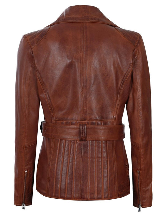 Cognac Wax Women Leather Biker Jacket - Vox Leather