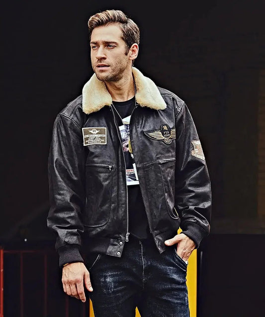 Denver Men’s Black Bomber Leather Jacket Aviator with Removable Collar - Vox Leather