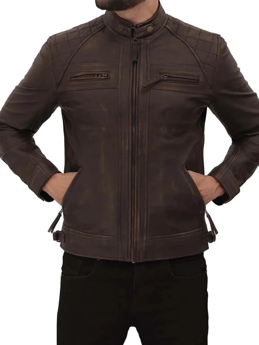 Diamond Mens Distressed Brown Motorcycle Leather Jacket - Vox Leather