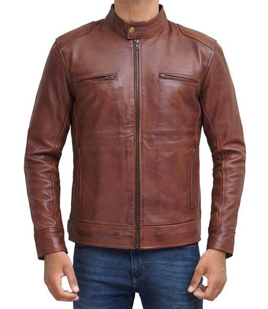 Dodge Mens Cognac Cafe Racer Leather Jacket - Vox Leather