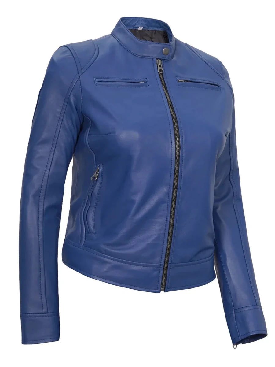 Dodge Women's Blue Leather Cafe Racer Jacket - Vox Leather