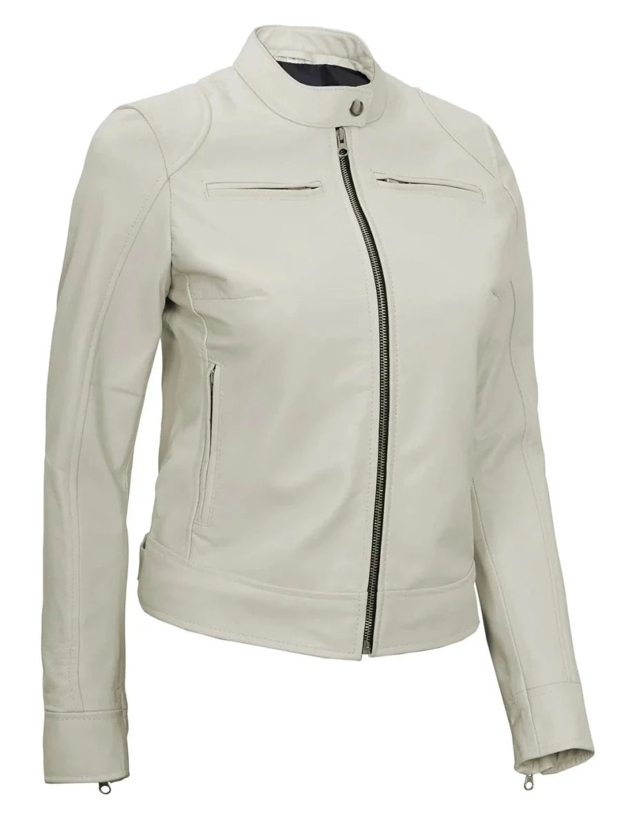 Dodge Women's Off White Cafe Racer Leather Jacket - Vox Leather