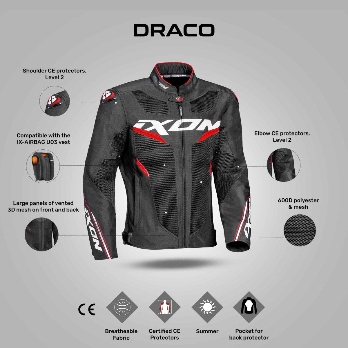 Draco - 3D Mesh Sport Touring Jacket (Black/White/Red) - Vox Leather