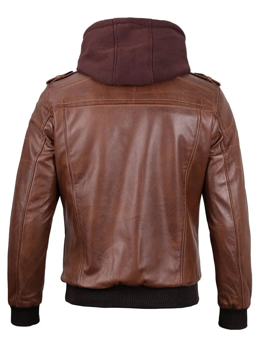 Edinburgh Mens Brown Bomber Leather Jacket With Removable Hood - Rare Leather