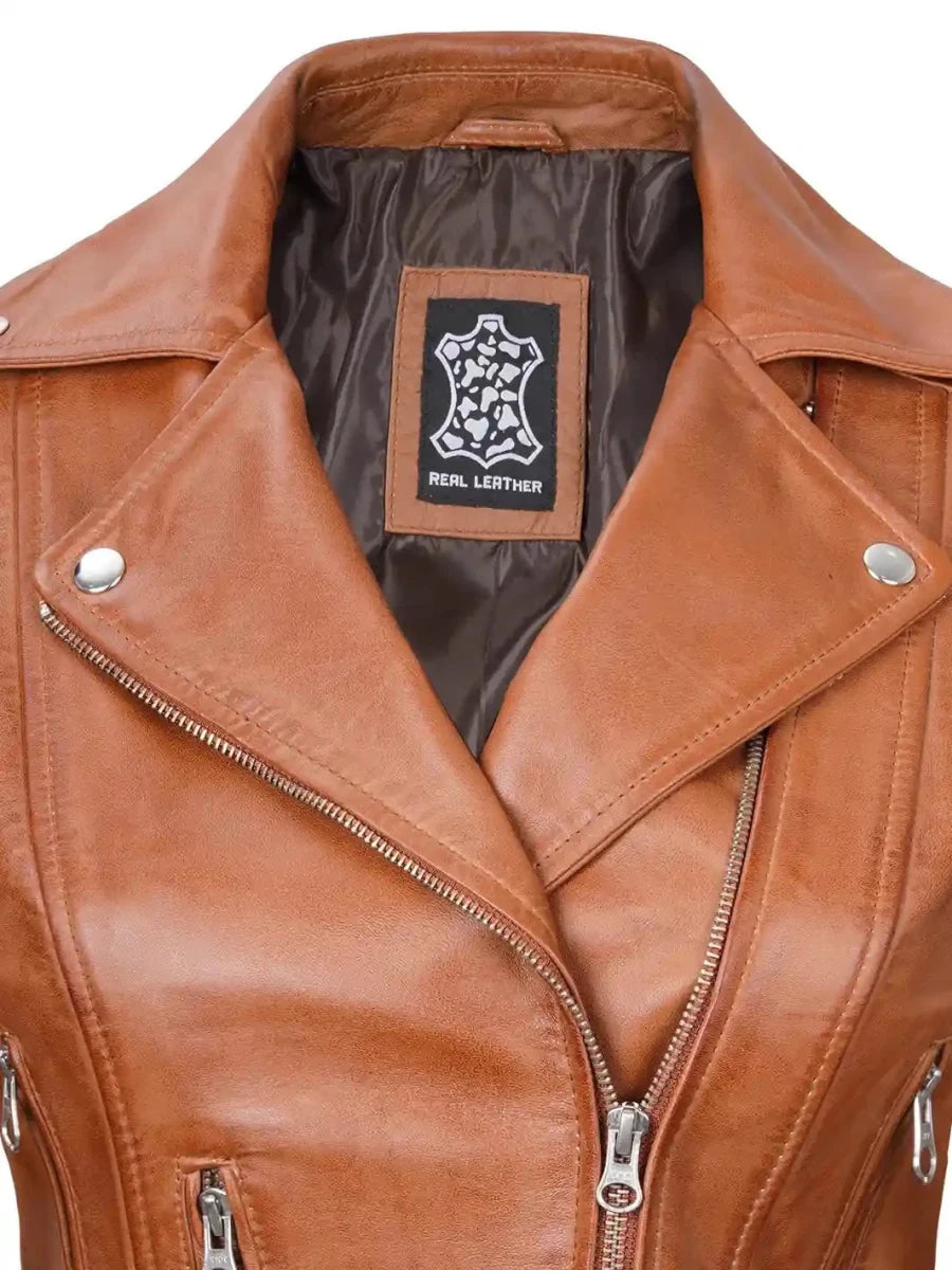 Elisa Womens Light Brown Biker Leather Jacket - Vox Leather