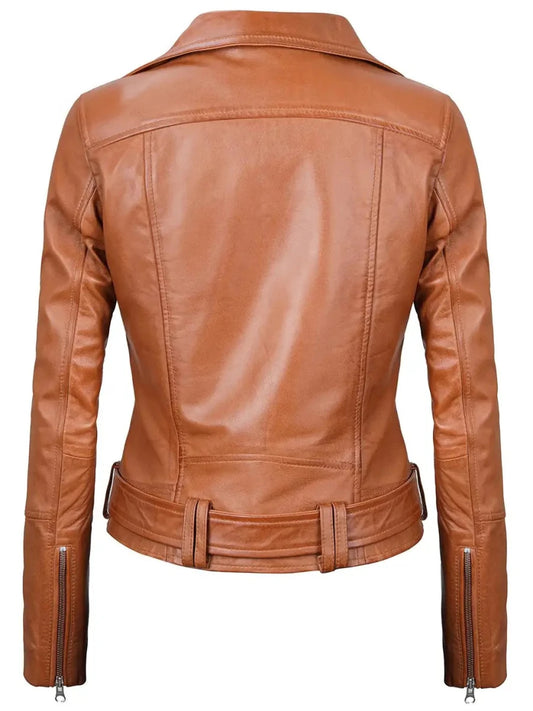 Elisa Womens Light Brown Biker Leather Jacket - Vox Leather