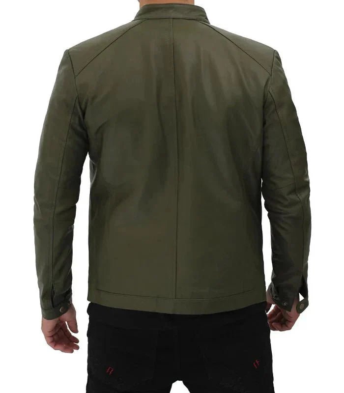 Fano Mens Olive Green Lambskin Leather Biker Jacket - Vox Leather