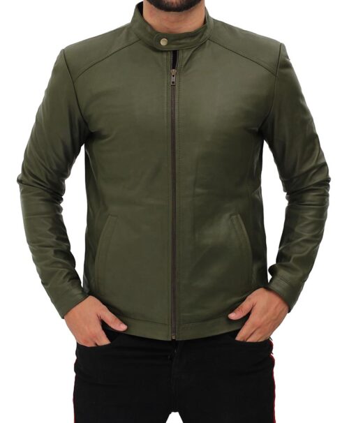 Fano Mens Olive Green Lambskin Leather Biker Jacket - Vox Leather