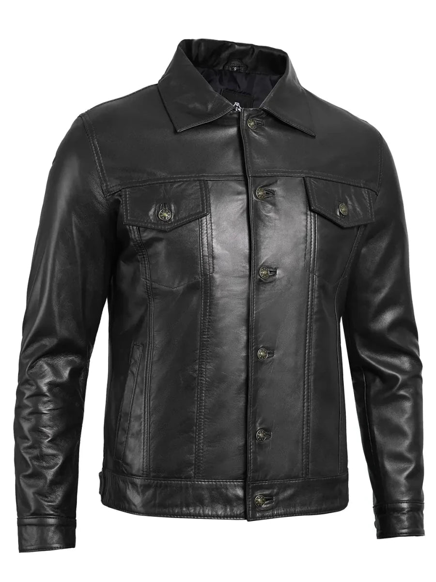 Fernando Mens Black Leather Trucker Jacket - Vox Leather