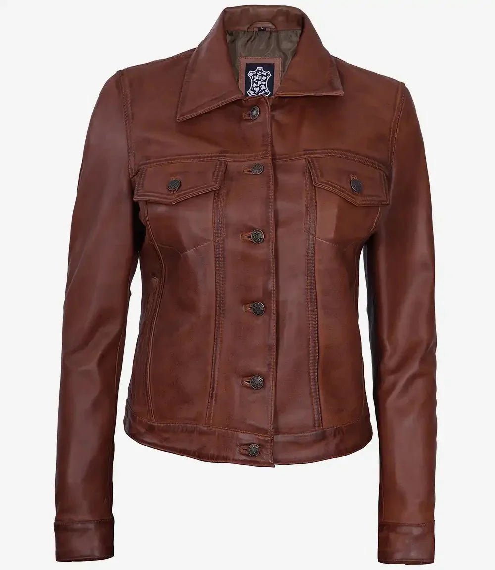 Fernando Womens Cognac Brown Leather Trucker Jacket - Vox Leather
