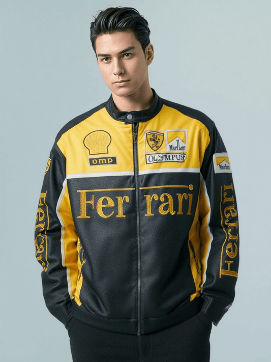 Ferrari Yellow-Black Leather Vintage Racing Jacket - Vox Leather