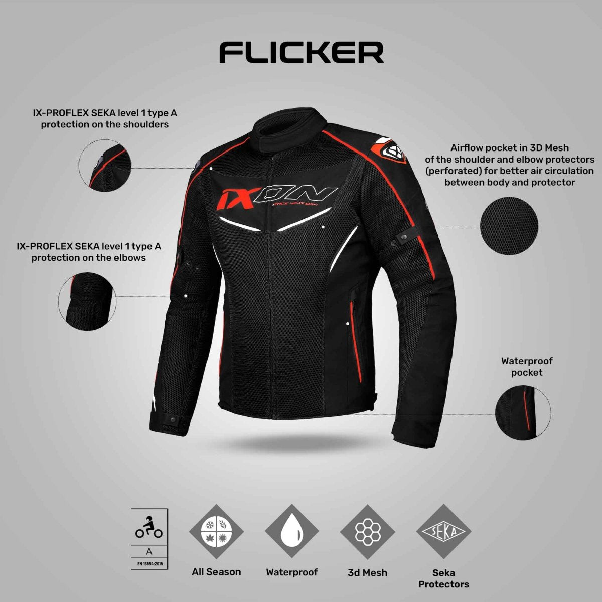 Flicker - All Weather Riding Jacket (Black/White/Red) - Vox Leather