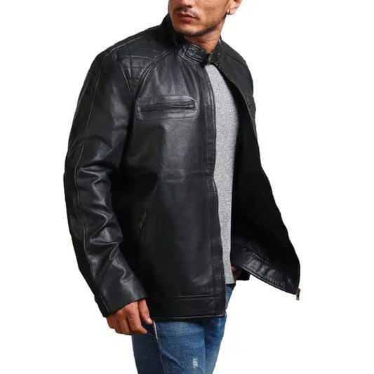 Garcia Mens Cafe Racer Black Leather Jacket - Rare Leather